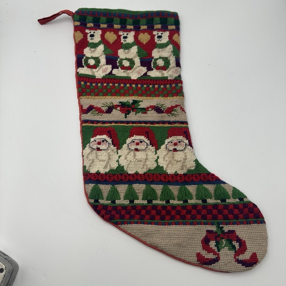 Vintage Needlepoint Christmas Stocking Santa‎ Claus Polar Bear Holiday Decor